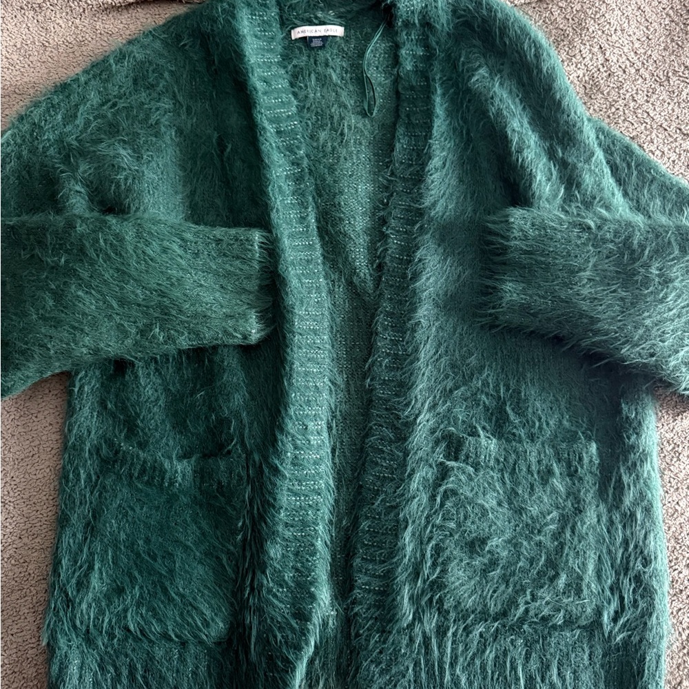 American Eagle Outfitters Fuzzy Teal Cardigan